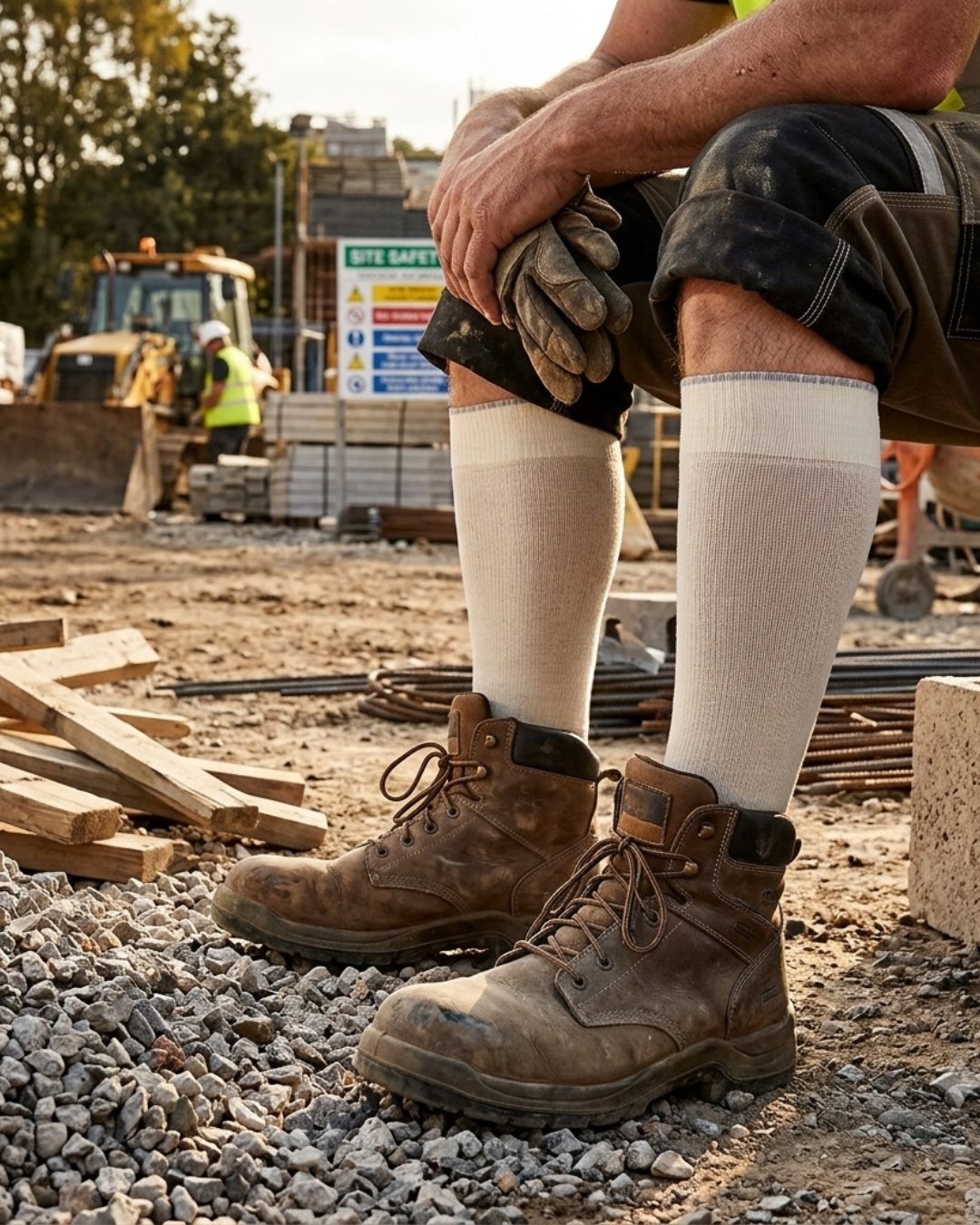 A close-up lifestyle shot of a construction worker sitting on a concrete block at a job site, wearing Natural Merino Wool Compression Socks and brown work boots. The background shows other workers, construction equipment, and gravel.