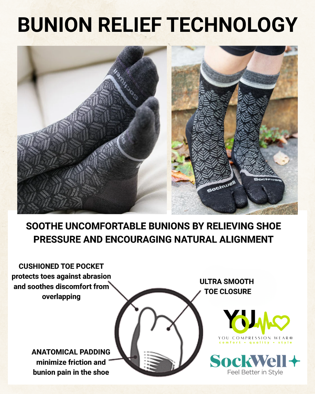 SockWell Bunion Relief Socks feature: Arch support, anatomical padding, and cushioned toe pocket