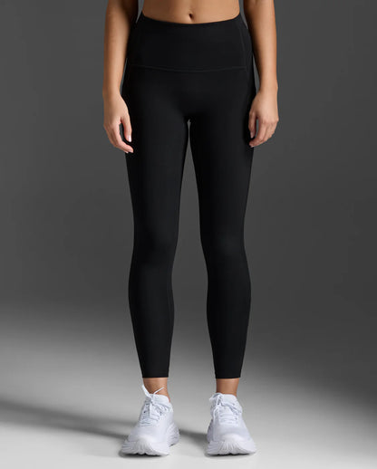 Full-length front view of premium 15-20 mmHg mild compression tights by 2XU in matte black.