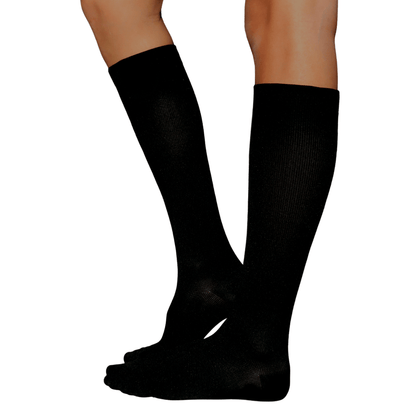 Side view YoU Compression ® Black Knee High Socks, 15-20 mmHg mild support for flying and working.