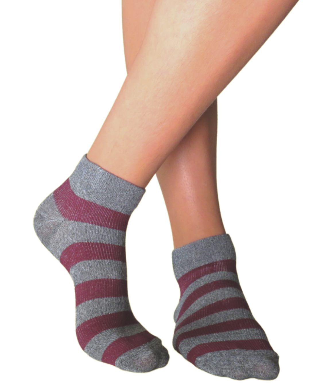 Grey marl and burgundy striped ankle compression socks worn on model.