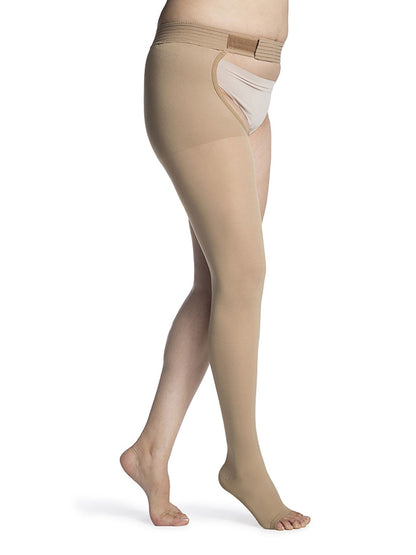 Sigvaris Opaque Thigh with Waist Attachment Light Beige Open Toe - YoU Compression Wear