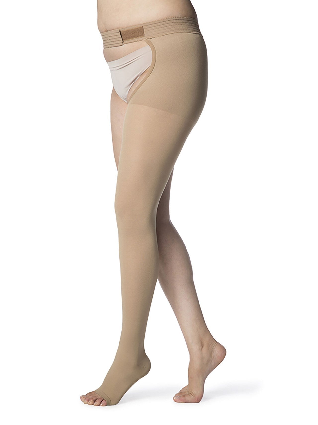 Sigvaris Opaque Thigh with Waist Attachment Light Beige Open Toe - YoU Compression Wear