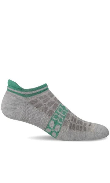 Sockwell BOOST micro ankle compression sock in gray and green, featuring a merino wool and bamboo blend fabric.