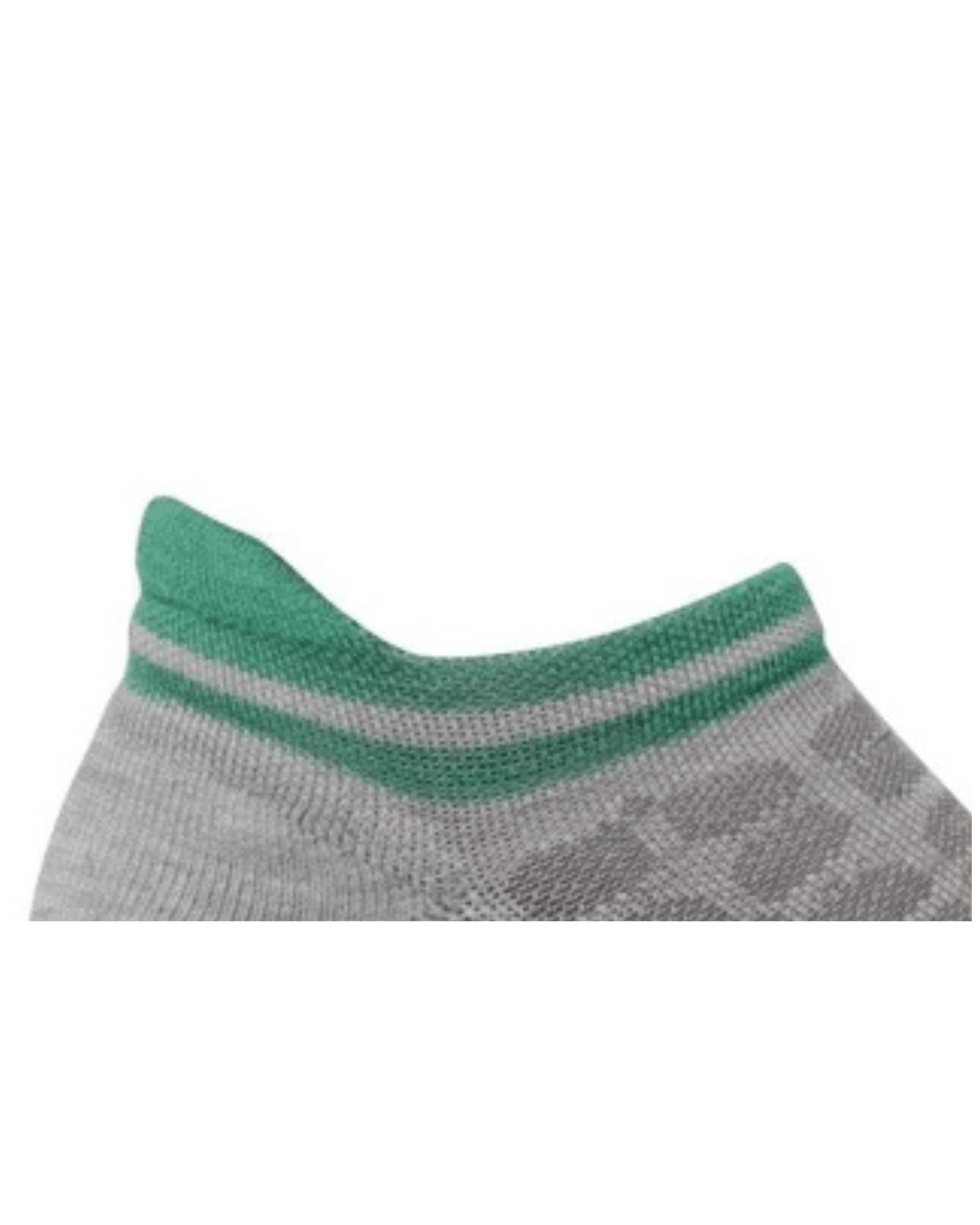 A close up of the Sockwell BOOST micro ankle compression sock in grey and green, featuring a merino wool and bamboo blend fabric.