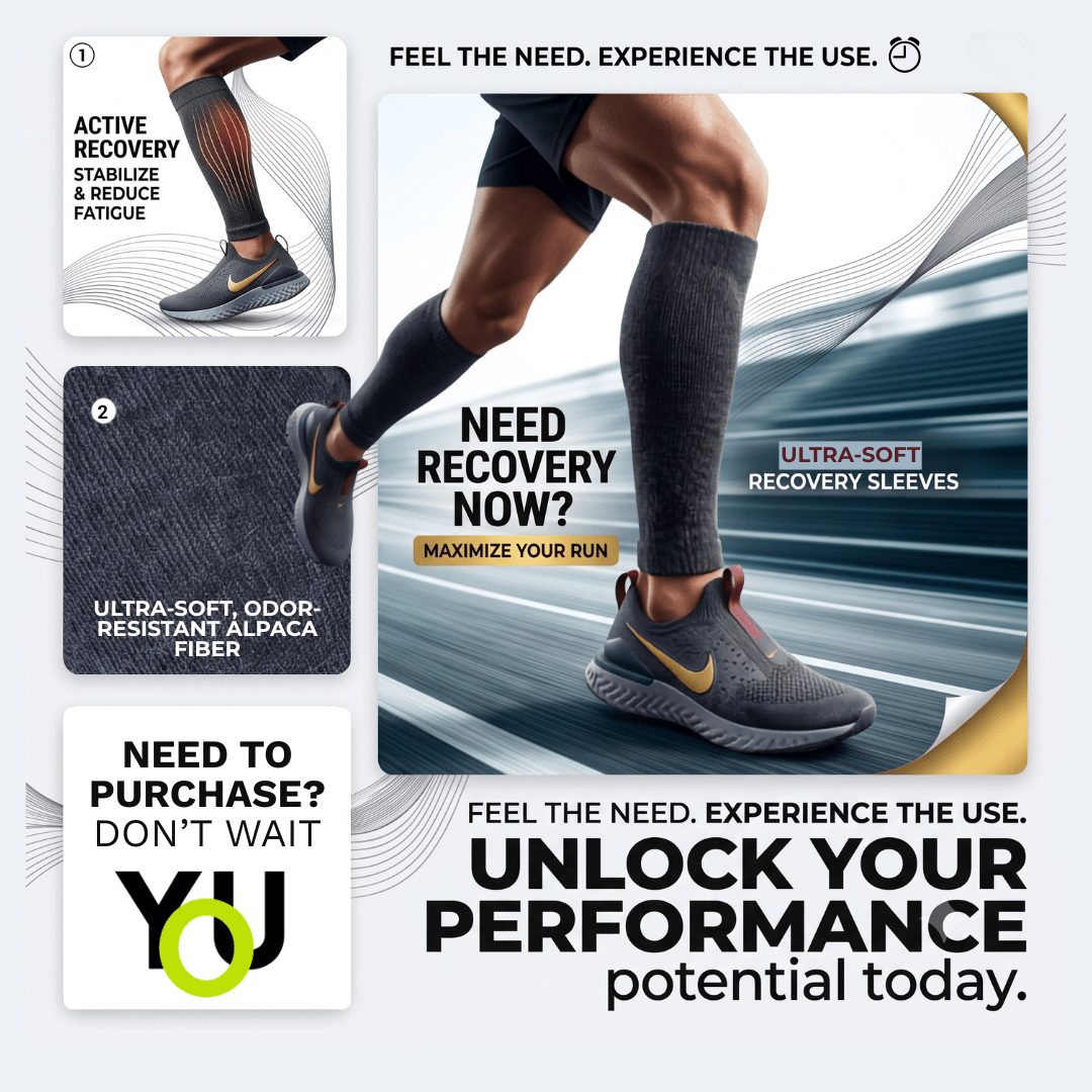 Promotional graphic for YoU Compression® Charcoal Alpaca Wool Leg Sleeves, showing a runner wearing dark gray calf sleeves with callouts highlighting active recovery, ultra-soft alpaca fiber, and performance support.