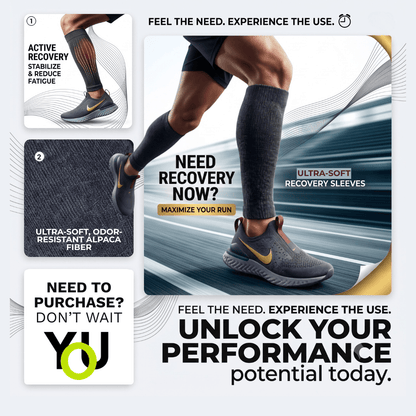 Promotional graphic for YoU Compression® Charcoal Alpaca Wool Leg Sleeves, showing a runner wearing dark gray calf sleeves with callouts highlighting active recovery, ultra-soft alpaca fiber, and performance support.