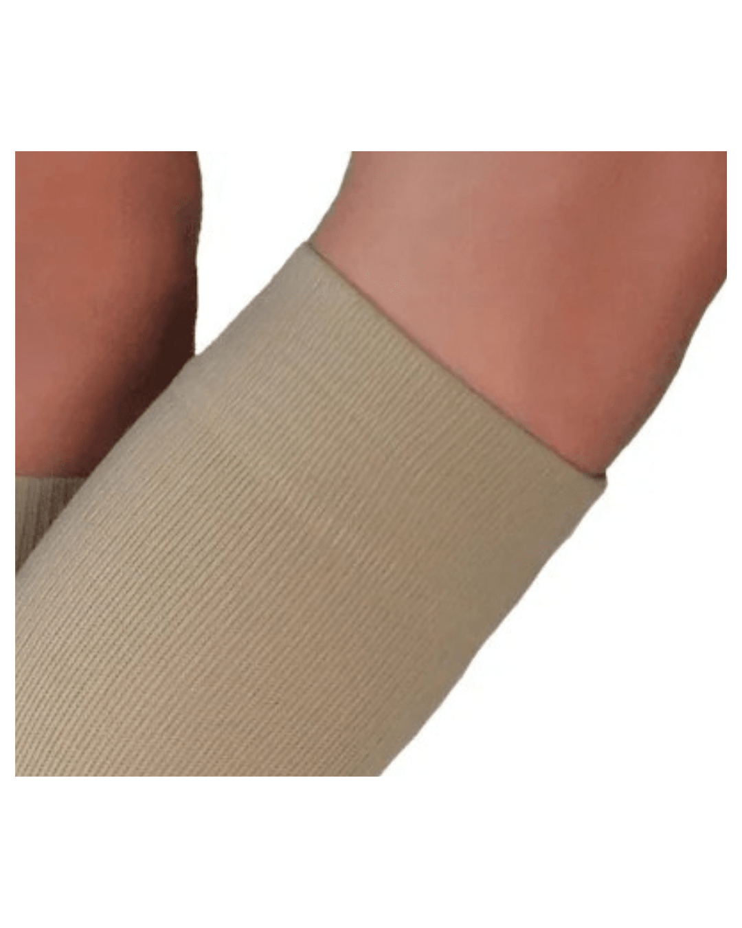 A close-up view of the top band and ribbing of the YoU Compression® Coffee Knee High Compression Socks 30-40 mmHg worn on a leg against a white background.