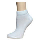 Left view of YoU White Sport Compression Ankle Sock. Features reinforced heel, toe, and 20-30 mmHg arch support for comfort.