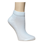 YoU White Sport Compression Ankle Sock on mannequin foot. Features breathable knit, secure cuff and 20-30 mmHg arche support.