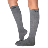air of grey marl knee-high compression socks with black logo detailing at the calf, shown on lower legs against a white background.